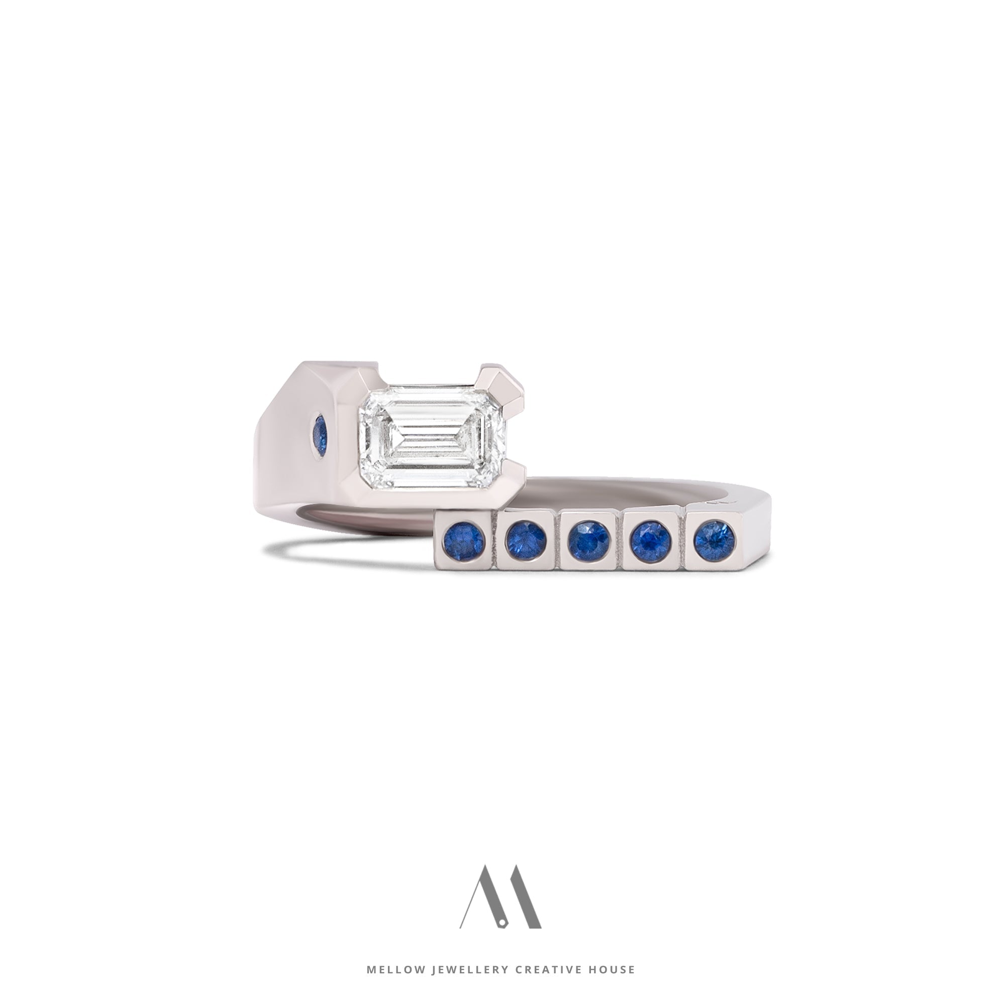 14k solid white gold Diamond Sapphires ring CMR/233 - Mellow Jewellery Creative House